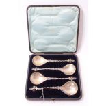 Set of four 19th century Continental silver apostle spoons in fitted case