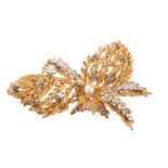 Gold and diamond and sapphire floral spray brooch