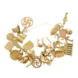 Gold charm bracelet with a collection of gold and yellow metal charms, 79 grams.
