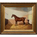 Albert Clark (act.1821-1910) oil on canvas - a bay hunter in a stable, signed, in gilt frame, 50cm