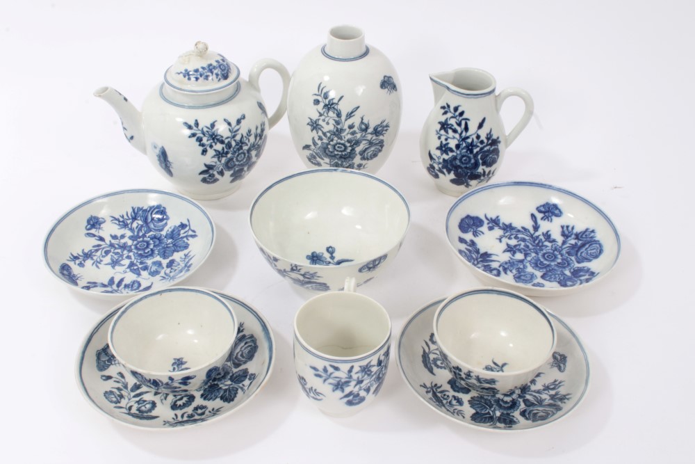 Collection 18th century Worcester blue and white teaware with matching printed floral and butterfly
