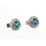 Pair of blue zircon and diamond cluster earrings