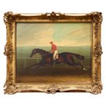 Attributed to Samuel Spode (act.1825-1858) oil on canvas - a racehorse and jockey before the rails,