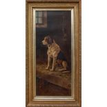 After Landseer, early 20th century oil on canvas - a foxhound in a kennel, initialled B.C.M., in