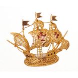 Continental gold filigree and enamel brooch in the form of a galleon