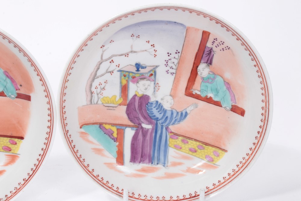 A pair of New Hall type 'Boy at the Window' pattern tea bowls and saucers, circa 1800 - Image 3 of 8