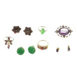 Group of jewellery to include an amethyst brooch, pair of cabochon garnet and diamond earrings,