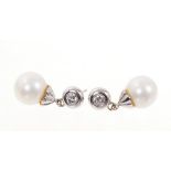 Pair of cultured pearl and diamond pendant earrings