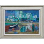 Henry Collins - oil and mixed media on board - Harbour scene