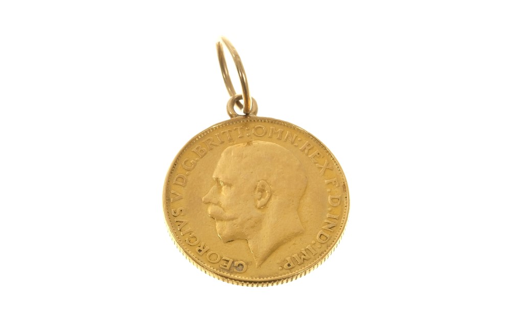 George V gold Full Sovereign 1923 with pendant fitting and three other gold coin pendants. - Image 2 of 2