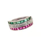Diamond, ruby and emerald triple row ring