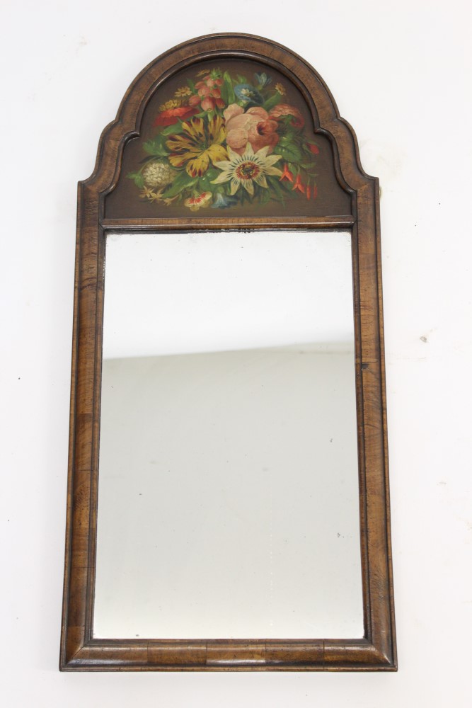 Queen Anne style walnut pier mirror, with ogee arched frame and floral painted frieze 76 x 36cm