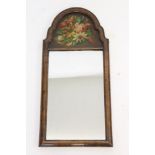 Queen Anne style walnut pier mirror, with ogee arched frame and floral painted frieze 76 x 36cm