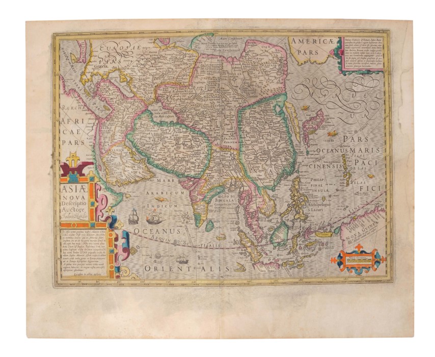 Jodocus Hondius (1563-1612), hand-coloured map - ‘Asiae Nova Decsriptio Auctore’, 1606, 37cm x 50cm.