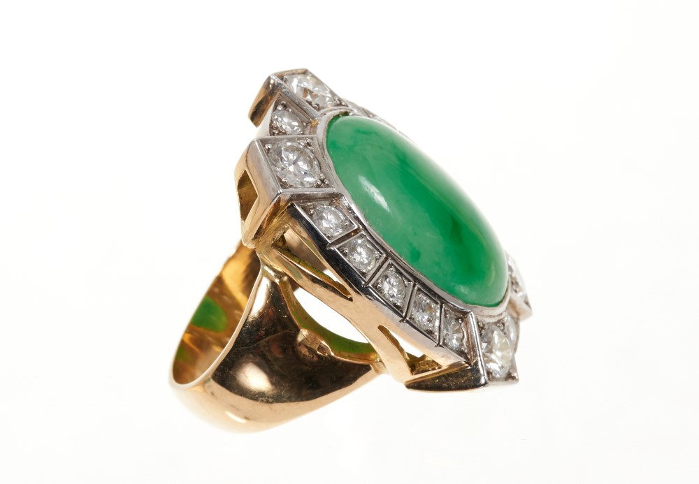 Jade and diamond cluster ring with an oval green jade cabochon surrounded by brilliant cut diamonds - Image 2 of 3