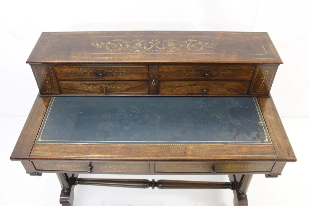 Good quality 19th century rosewood and brass inlaid writing table - Image 3 of 4