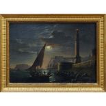 Mid-19th century Italian school oil on canvas - harbour by moonlight, indistinctly signed,