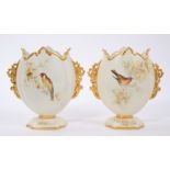 Victorian Royal Worcester fan moulded vase with painted floral decoration 16.5cm high and pair