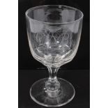 Presentation crystal wine goblet engraved with monogram and the names Charlie, Marchesa, Ruth,