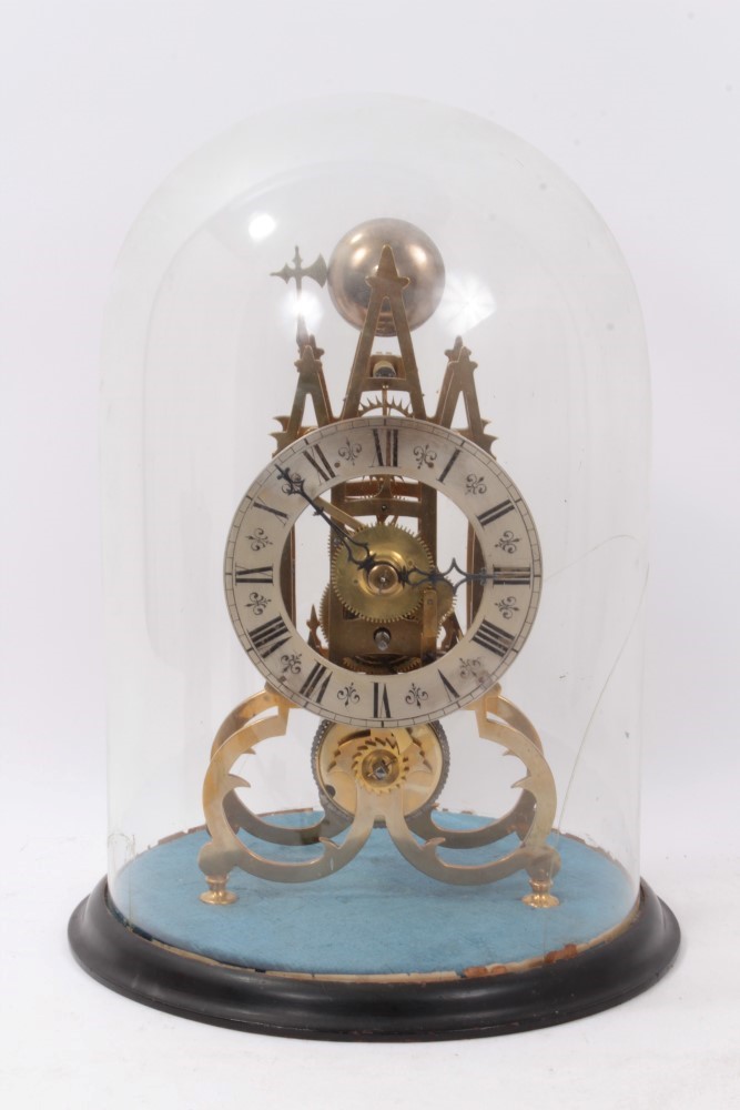 Late 19th / early 20th century brass skeleton clock under glass dome