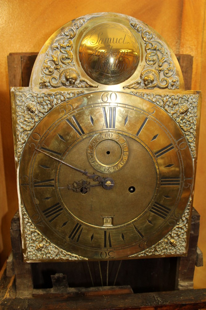 Early 18th century longcase clock, with eight day striking movement, brass 12inch breakarch dial, - Image 3 of 17