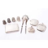 Silver and white metal items including Vesta and match cases, thimbles and sundries