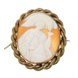 19th carved shell cameo in rope twist brooch mount