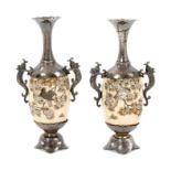 Fine pair of Meiji period Japanese shibyama and tooled silver vases