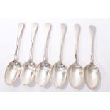 Set of six late Victorian silver Old English pattern table spoons with engraved initial.