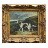19th century English school oil on board - a sporting dog in extensive landscape, indistinctly
