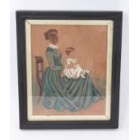 English School, circa 1820, watercolour portrait of a seated mother and child