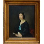 Victorian English school oil on canvas - portrait of a lady holding snow drops, in gilt frame, 80cm