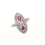 Art Deco ruby and diamond cocktail ring, the openwork plaque with a central old cut diamond flanked