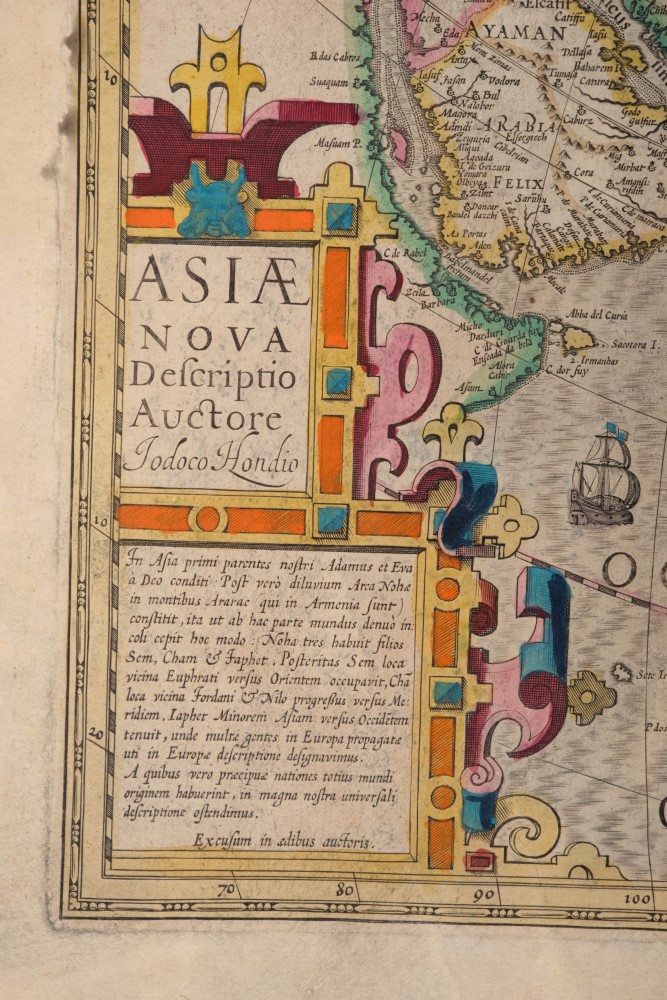 Jodocus Hondius (1563-1612), hand-coloured map - ‘Asiae Nova Decsriptio Auctore’, 1606, 37cm x 50cm. - Image 3 of 6