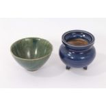 Chinese blue glazed monochrome tripod censer, and a Chinese teabowl