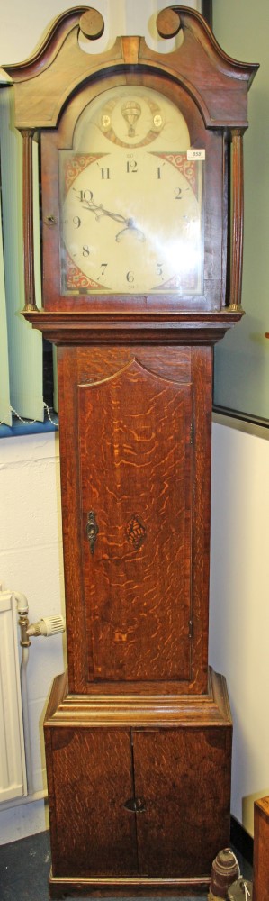 Early 19th Century 30 hour longcase clock, the painted arched dial depicting a hot air ballon,