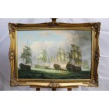 James Hardy, 20th century, oil on board - a sea battle, signed, in gilt frame, 49cm x 74cm