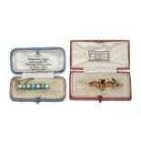 Late Victorian pearl, turquoise and diamond bar brooch with three turquoise cabochons interspaced