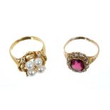 Victorian garnet and seed pearl cluster ring and an 18ct gold cultured pearl and diamond cluster