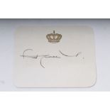 HM King Hussein I of Jordan (1935 – 1999), signed card with gilt embossed crown, signed, 9 x 7cm