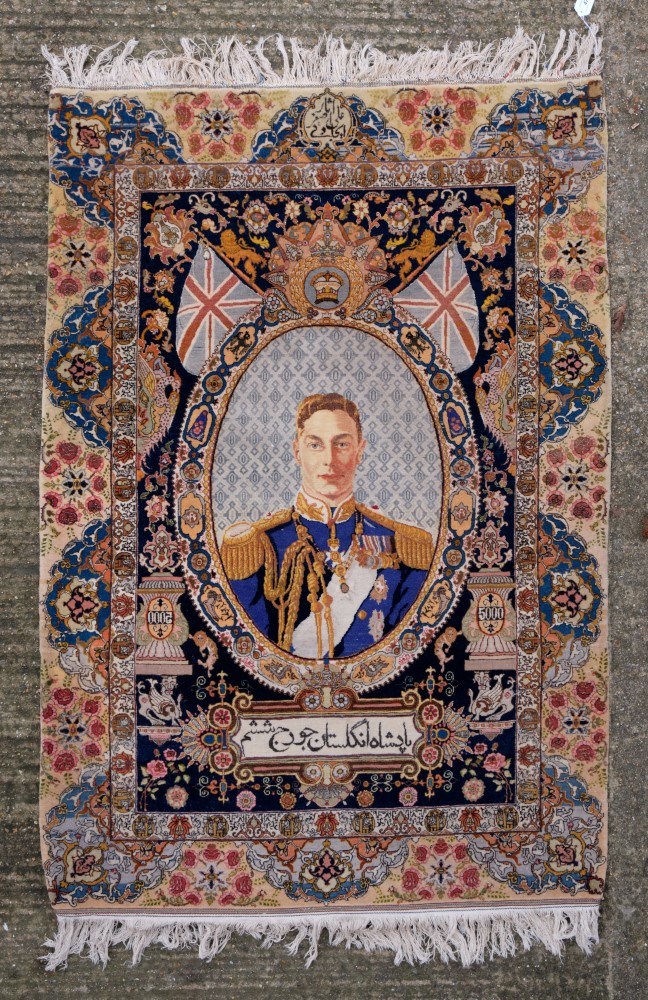 Fine 1930s-1950s Persian silk pictorial rug depicting H.M. King George VI in naval uniform