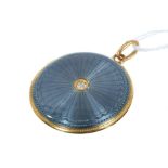 Good quality Edwardian 18ct gold, diamond and guilloche enamel circular locket, 30mm diameter