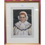 J. May, English school watercolour - portrait of a child in bonnet with lace collar, signed, in