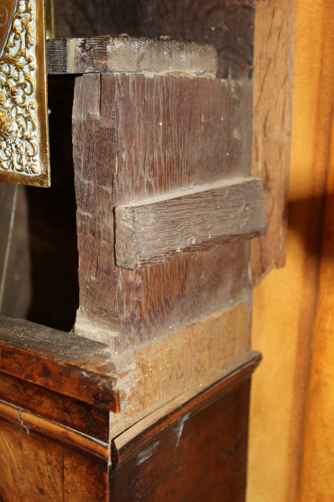 Early 18th century longcase clock, with eight day striking movement, brass 12inch breakarch dial, - Image 10 of 17