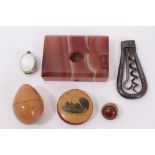 Mixed lot to include Agate bell-push, Mauchline pin cushion-canterbury scene, miniature compass,