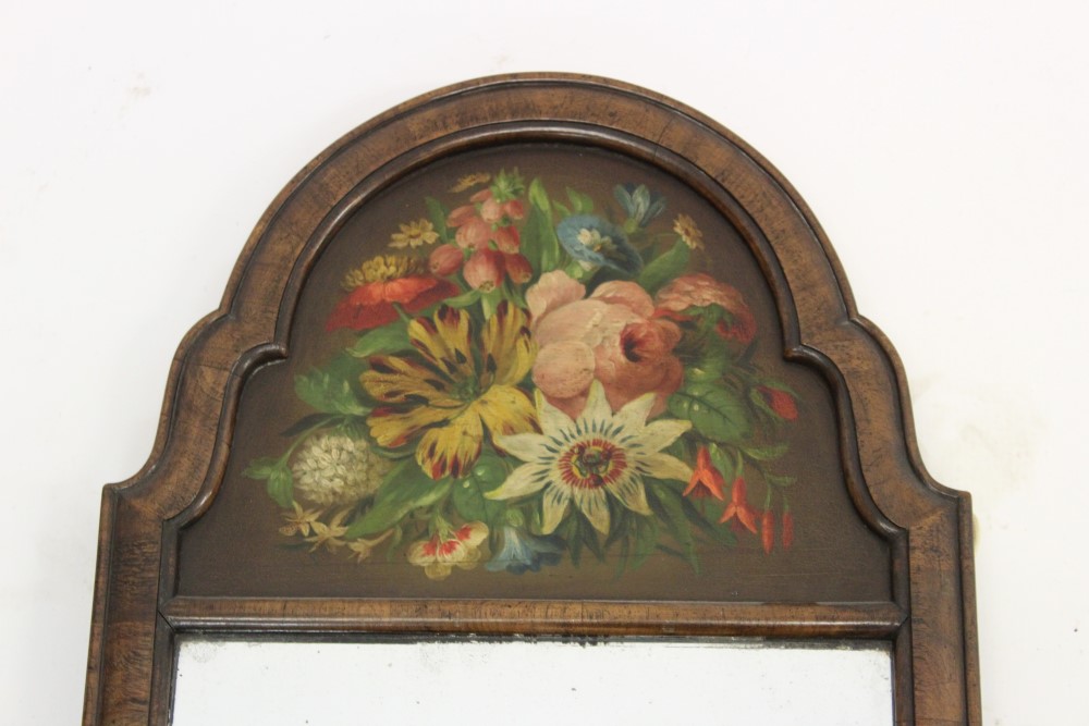 Queen Anne style walnut pier mirror, with ogee arched frame and floral painted frieze 76 x 36cm - Image 2 of 3