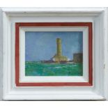 *Fred Dubery (1926 - 2011) oil on board - Lighthouse off the coast, framed, 13cm x 17cm