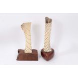 Two Prisoner of War work bone carvings on wooden bases, dated 1893