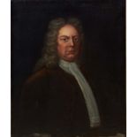 18th century English school oil on canvas - portrait of a Gentleman in wig and brown coat, unframed,