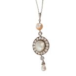 A fine natural pearl and diamond pendant necklace, the central cluster set with a button pearl